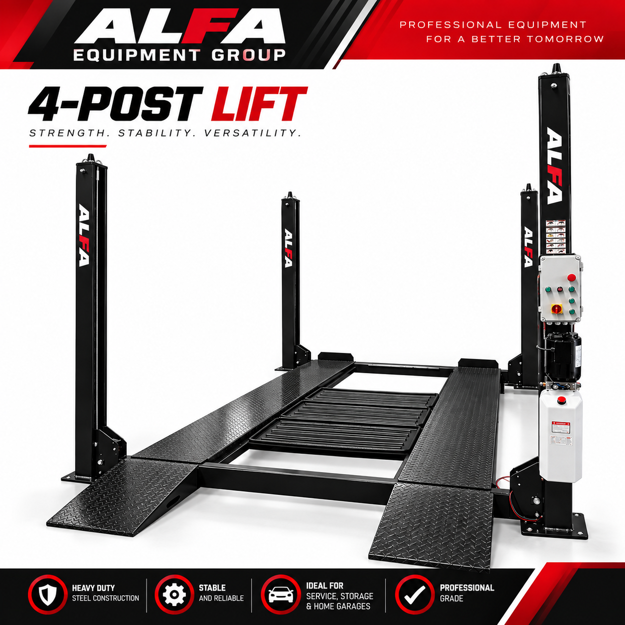 ALFA S-EL8000 8,000 LB Parking Lift – Standard Four Post Electric Lock Lif — Alfa Equipment Group
