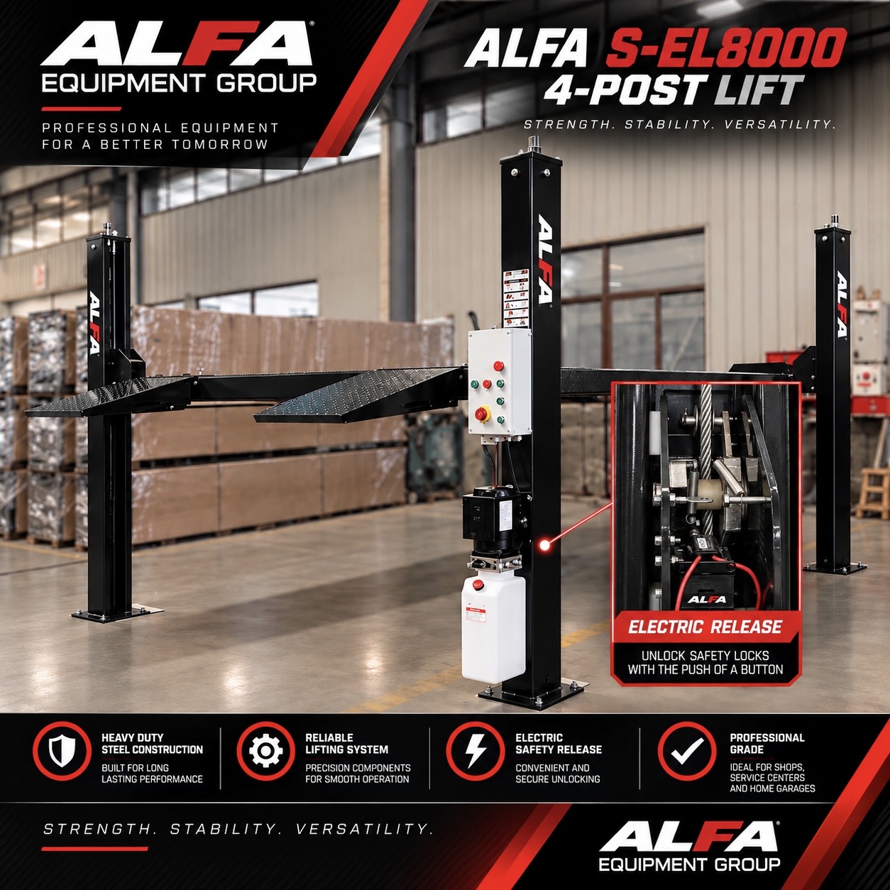 ALFA S-EL8000 8,000 LB Parking Lift – Standard Four Post Electric Lock Lif — Alfa Equipment Group