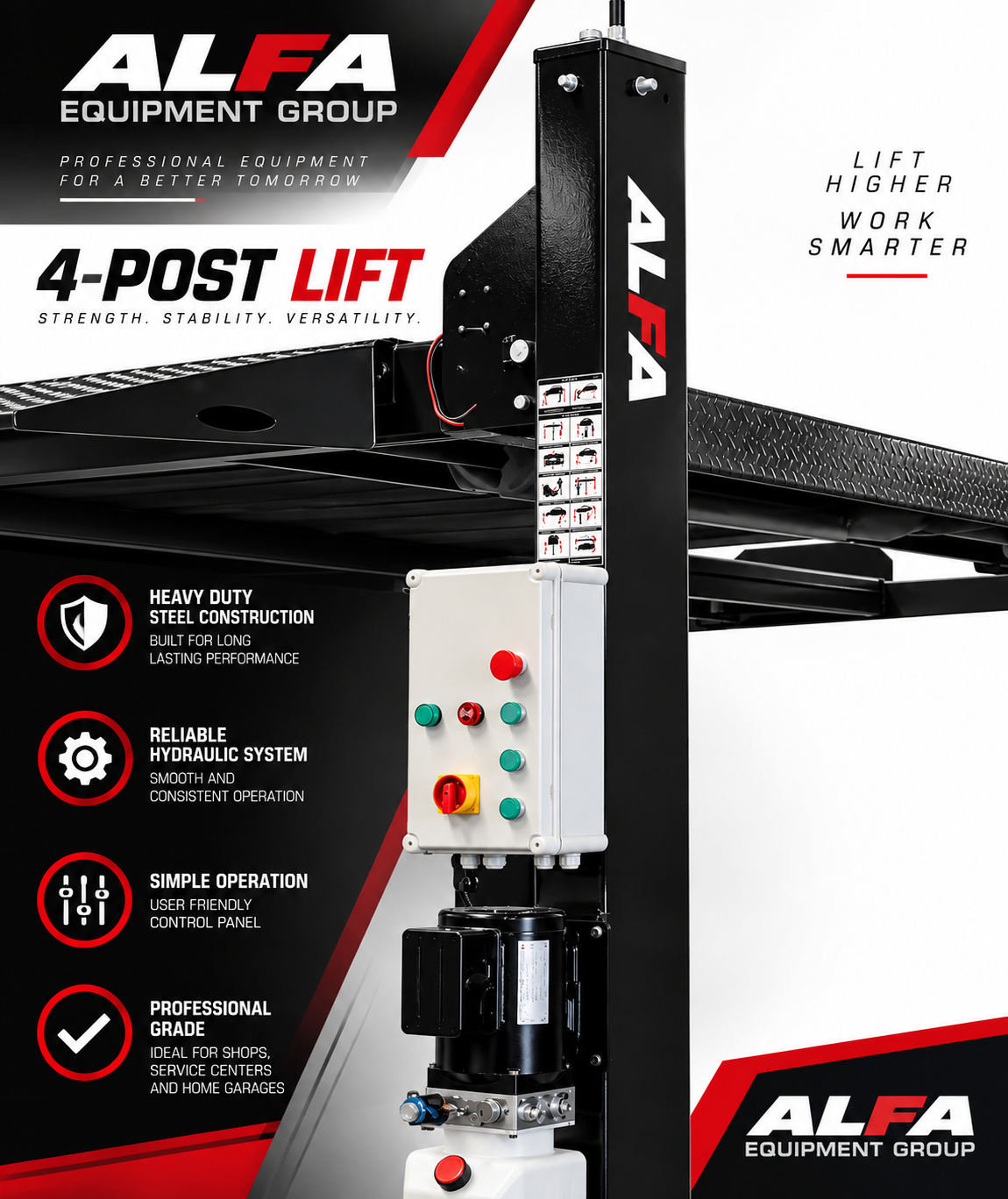 ALFA S-EL8000 8,000 LB Parking Lift – Standard Four Post Electric Lock Lif — Alfa Equipment Group